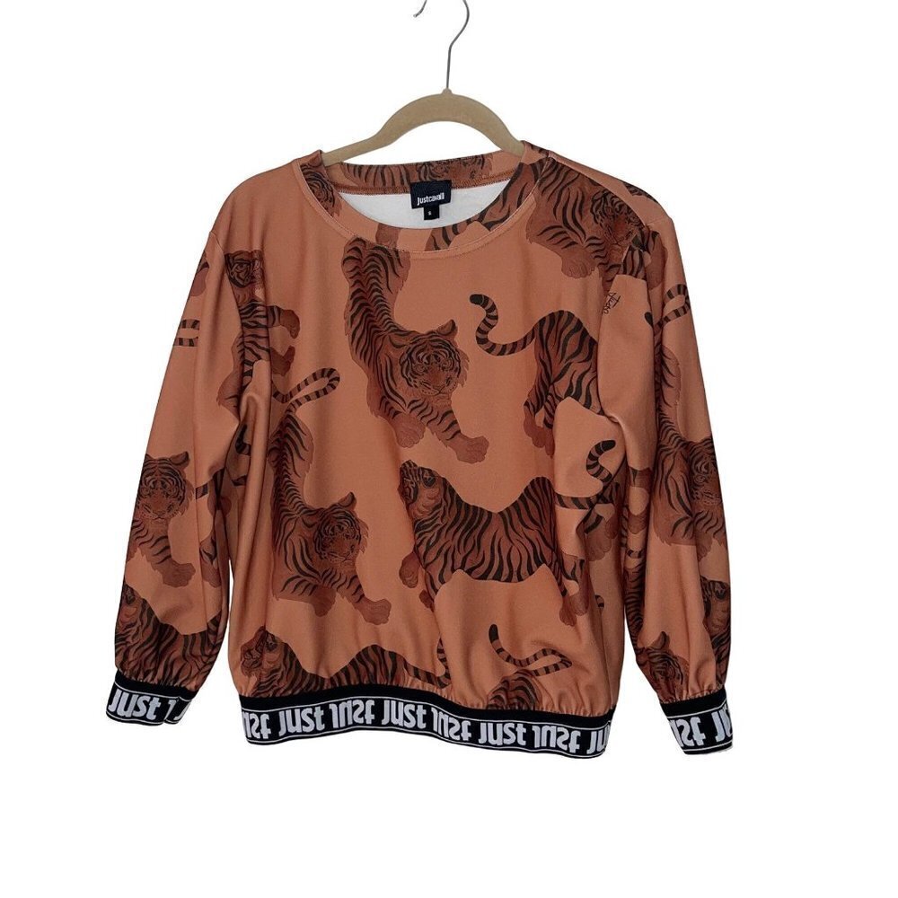 Just Cavalli Womens Shirt Size Small Tiger Print Signature Spell Out Waist Cuffs
